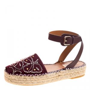 Pre Owned Valentino Burgundy Embellished Suede and Leather Ankle Strap Espadrilles Size 40