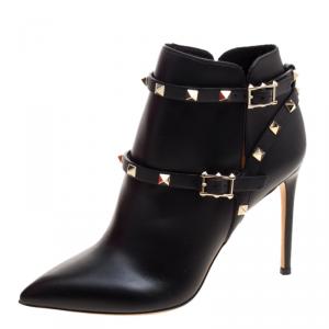 Pre Owned Valentino Black Leather Rockstud Pointed Toe Ankle Boots Size 38