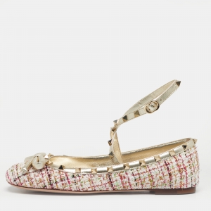 Pre Owned Valentino Multicolor Tweed and Leather Rockstud Ballet Flats Size 40
