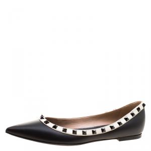 Pre Owned Valentino Black Leather Rockstud Pointed Toe Ballet Flats Size 39.5
