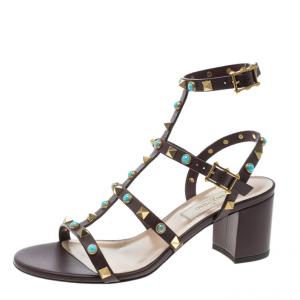 Pre Owned Valentino Mocha Brown Leather Rolling Rockstud Cabochon Gladiator Sandals Size 36
