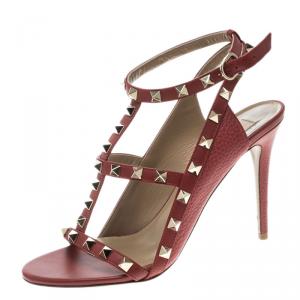Pre Owned Valentino Red Leather Rockstud Cage Sandals Size 37