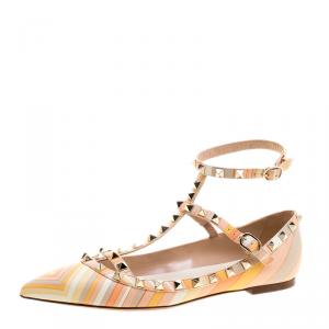 Pre Owned Valentino Multicolor Leather Native Couture 1975 Print Rockstud Pointed Toe Flats Size 39