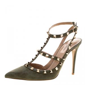 Pre Owned Valentino Green Suede Rockstud Sandals Size 40