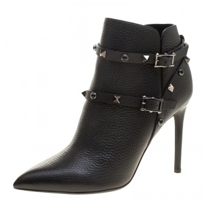 Pre Owned Valentino Black Leather Rolling Rockstud Pointed Toe Ankle Boots Size 38.5