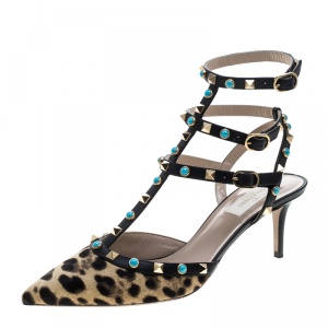 Pre Owned Valentino Beige Leopard Print Calf Hair Rolling Rockstud Sandals Size 40