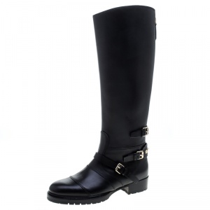 Valentino Black Leather Rockstud Strap Knee Length Biker Boots Size 37