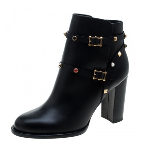 Pre Owned Valentino Black Leather Rolling Rockstud Ankle Boots Size 40