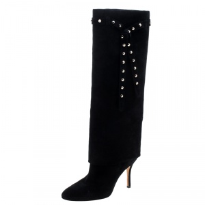 مملوكة مسبقًا Valentino Black Suede Rockstud Tie Foldover Knee Length Boots Size 38