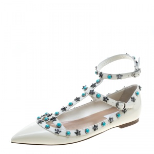 Pre Owned Valentino White Patent Leather Star Rolling Rockstud Cage Flats Size 38