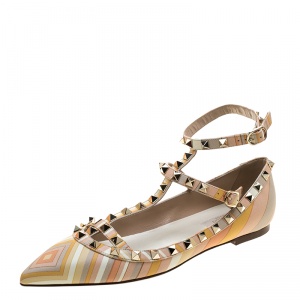 Pre Owned Valentino Native Couture 1975 Print Leather T Strap Rockstud Pointed Toe Ballet Flats Size 38 