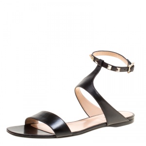 Pre Owned Valentino Black Leather Rockstud Ankle Strap Flat Sandals Size 40