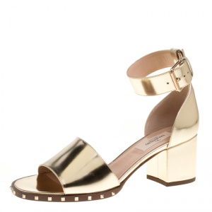 Pre Owned Valentino Gold Leather Soul Rockstud Ankle Strap Block Heel Sandals Size 37