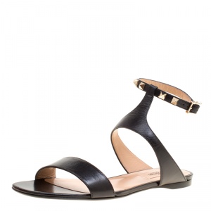 Pre Owned Valentino Black Leather Rockstud Ankle Strap Flat Sandals Size 37