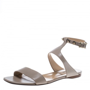 Pre Owned Valentino Beige Leather Rockstud Ankle Strap Flat Sandals Size 37