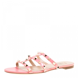 Pre Owned Valentino Pink Patent Leather Rockstud Cage Flat Slides Size 38