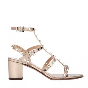 Pre Owned Valentino Metallic Leather Cage Rockstud Block Heel Sandals Size 36