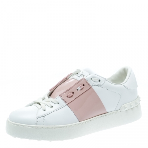 Pre Owned Valentino White and Blush Pink Band Leather Open Low Top Sneakers Size 36