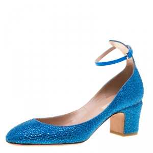 Pre Owned Valentino Blue Crystal Embellished Suede Block Heel Ankle Strap Pumps Size 38.5
