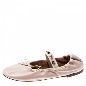 Pre Owned Valentino Beige Leather Rockstud Bow Detail Ballet Flats Size 35
