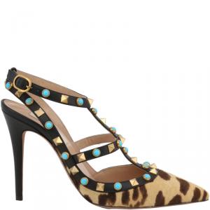 Pre Owned Valentino Beige Leopard Print Calf Hair Rolling Rockstud Sandals Size 38.5