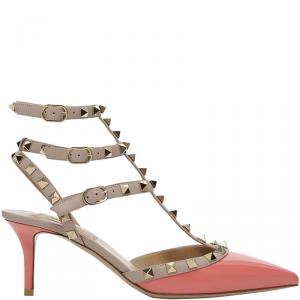 Pre Owned Valentino Tropical Sunrise/Poudre Patent Leather Rockstud Ankle Strap Sandals Size 38