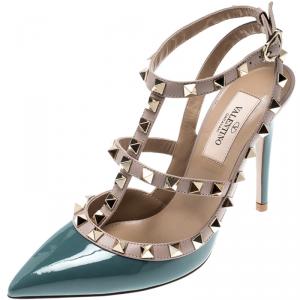 Pre Owned Valentino Sarcelle/Poudre Patent Leather Rockstud Ankle Strap Sandals Size 40.5