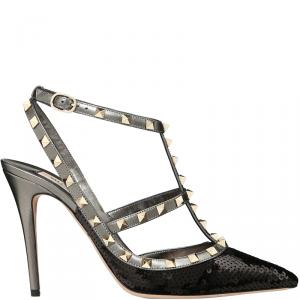 Pre Owned Valentino Nero/Dark Rutenio All-Over Sequin Court Rockstud Ankle Strap Sandals Size 38.5