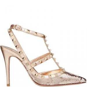Pre Owned Valentino Poudre/Rame All-Over Sequin Court Rockstud Ankle Strap Sandals Size 36.5