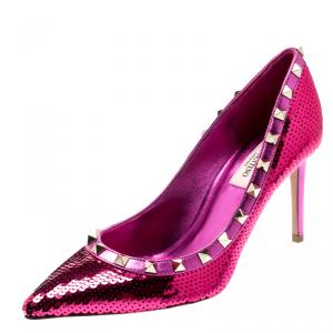 Pre Owned Valentino Pink Orchid All-Over Sequin Court Rockstud Pointed Toe Pumps Size 37.5