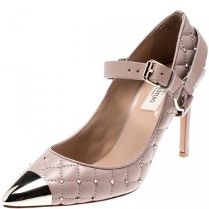 Pre Owned Valentino Poudre Quilted Leather Rockstud Spike Ankle Strap Cap Toe Pointed Pumps Size 37