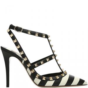 Pre Owned Valentino Light Ivory/Nero Leather Striped Rockstud Ankle Strap Sandals Size 38.5