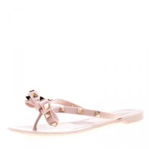 Pre Owned Valentino Water Rose Rubber Bow Detail Rockstud Flip Flops Size 37