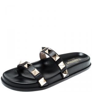 Pre Owned Valentino Black Rubber Rockstud Flat Slides Size 38