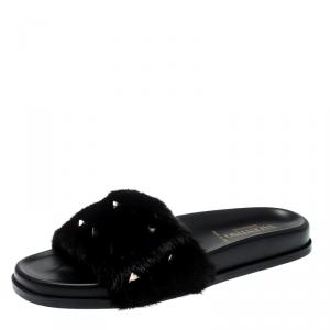Pre Owned Valentino Black Nappa Leather Mink Microstud Flat Slides Size 39.5