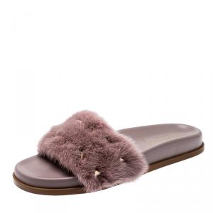 Pre Owned Valentino Dark Poudre Nappa Leather Mink Microstud Flat Slides Size 37