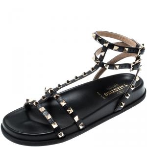 Pre Owned Valentino Black Leather Rockstud Gladiator Flat Sandals Size 38