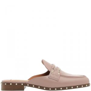 Pre Owned Valentino Lipstick Leather Soul Rockstud Flat Mules Size 36.5