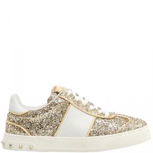 Pre Owned Valentino Oro/Bianco Glitter Flycrew Lace Up Sneakers Size 37