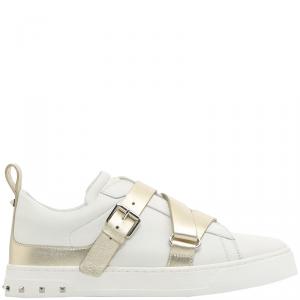 Pre Owned Valentino Bianco/Platino Soft Nappa Leather V-Punk Velcro Sneakers Size 36