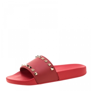 Pre Owned Valentino Red Rubber Rockstud Slide Sandals Size 38