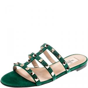 Pre Owned Valentino Emerald/Smeraldo Suede Rockstud Flat Slides Size 40