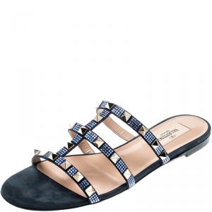 Pre Owned Valentino Sapphire/Marine Suede Rockstud Flat Slides Size 38