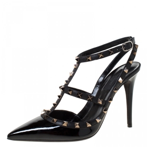 Pre Owned Valentino Black Patent Leather Rockstud Sandals Size 40