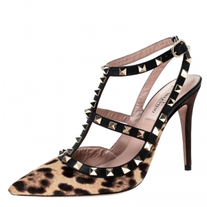 Pre Owned Valentino Beige/Black Leopard Print Calf Hair Rockstud Sandals Size 38