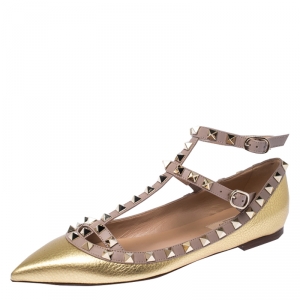 Pre Owned Valentino Gold Leather Rockstud Ankle Strap Ballet Flats Size 37 