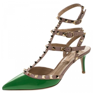 Pre Owned Valentino Green/Beige Patent Leather Rockstud Strappy Pointed Toe Sandals Size 37.5
