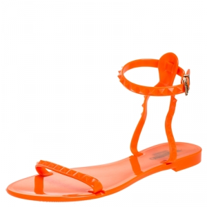Pre Owned Valentino Orange Jelly Rockstud Ankle Strap Flats Sandals Size 39