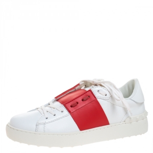 Pre Owned Valentino White And Red Band Leather Open Low Top Sneakers Size 40