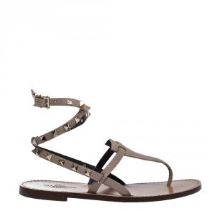 Pre Owned Valentino Poudre/Nero Grainy Leather Rockstud Ankle Strap Flat Sandals Size 39